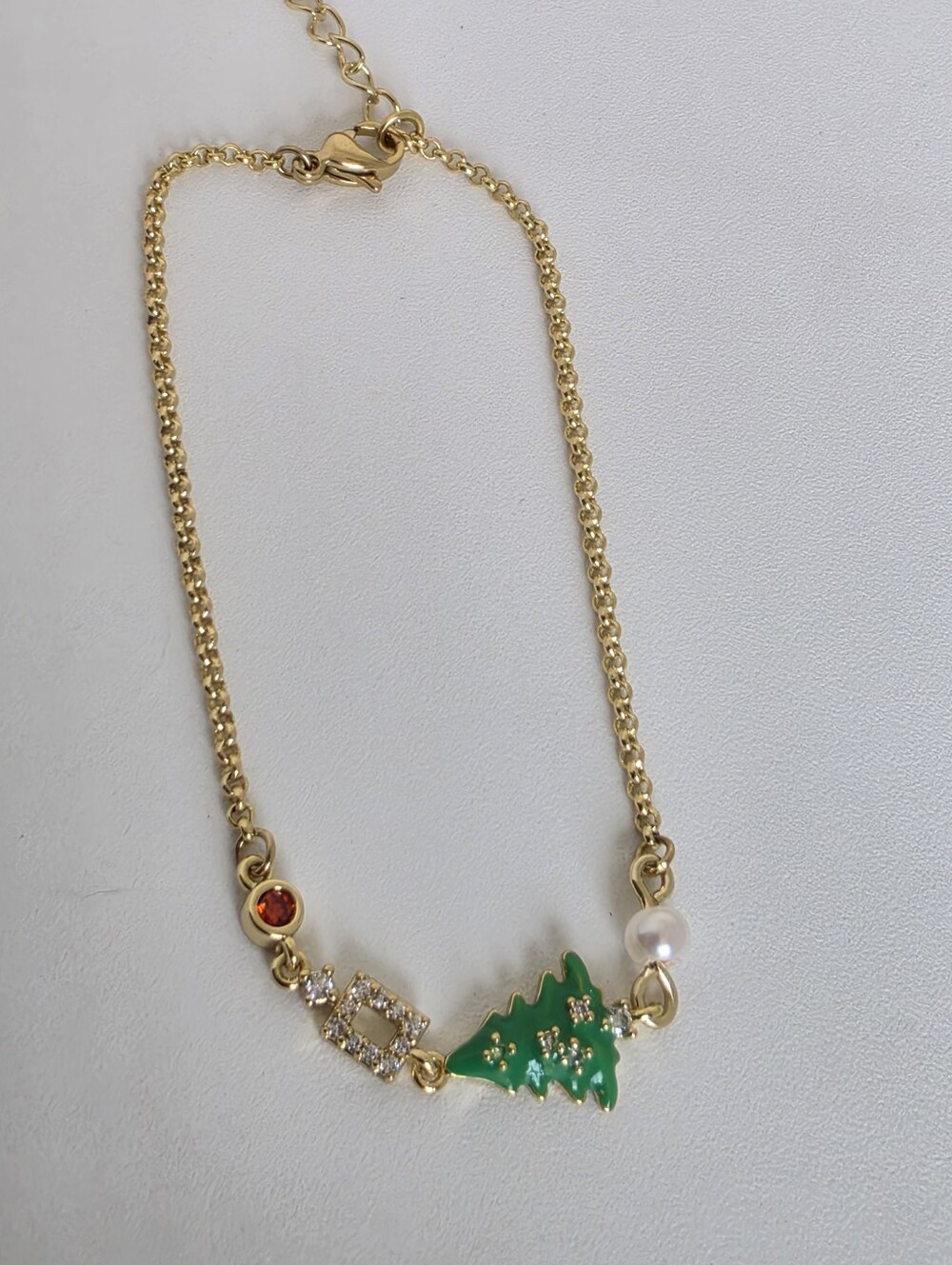 Gold Plated Christmas Tree Bracelet Rhinestone Pearl Holiday Jewelry